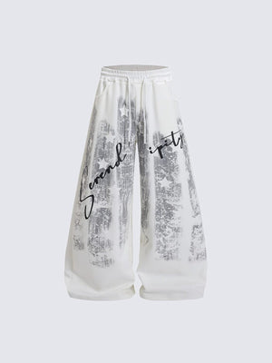 Wide Leg Jogginghose mit Pinselstrich-Print – Weiß, Vorderansicht flach | XoKool