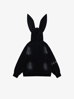 Zip Hoodie mit Hasenohren und Schmetterlingsprint – Schwarz, Rückansicht | XoKool