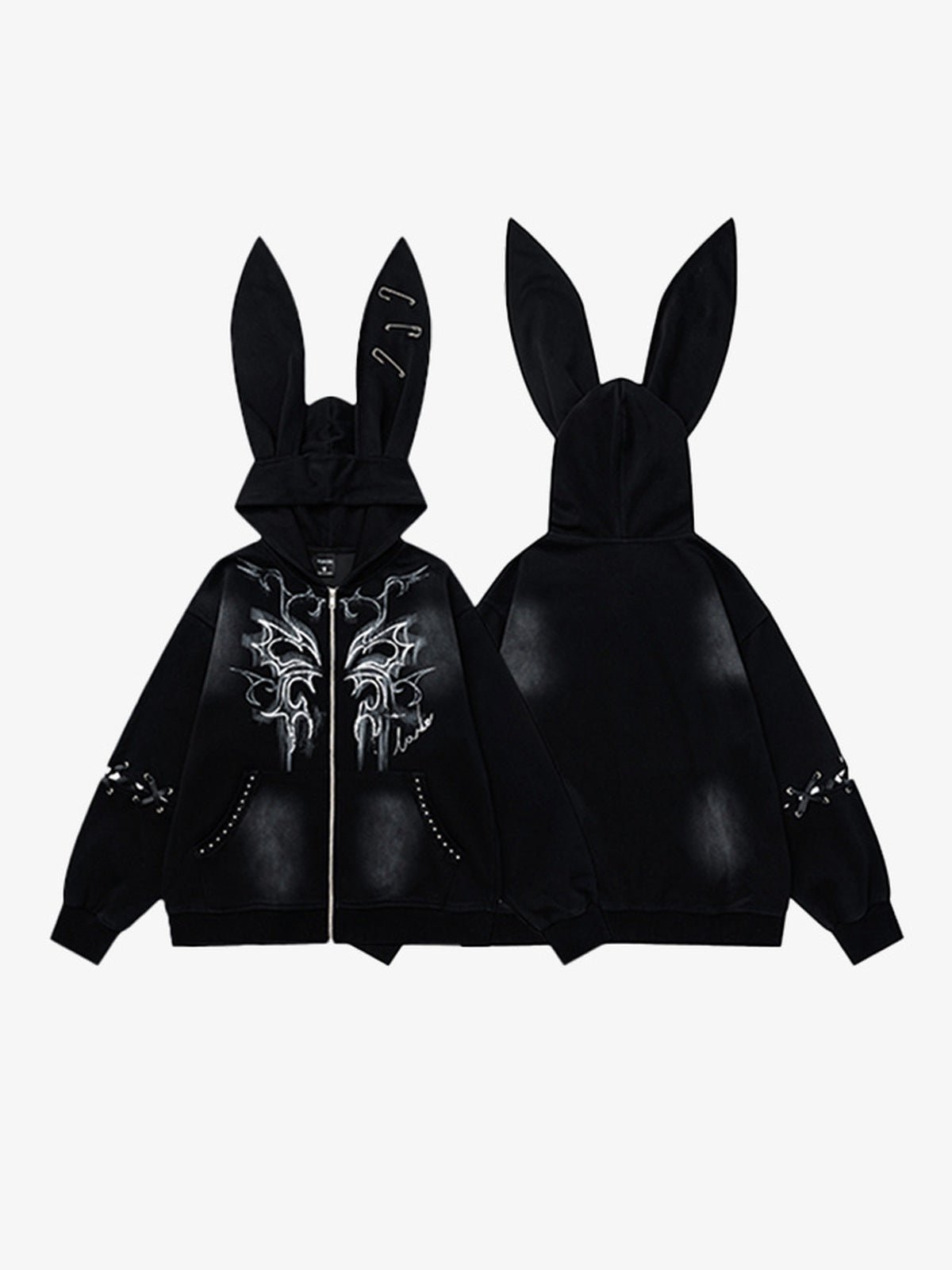 Zip Hoodie mit Hasenohren und Schmetterlingsprint – Schwarz, Vorder- und Rückseite | XoKool