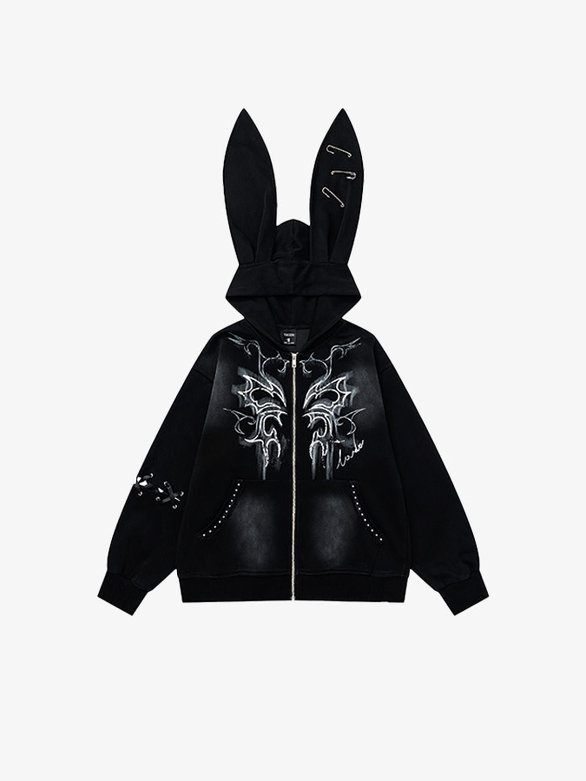 Zip Hoodie mit Hasenohren und Schmetterlingsprint – Schwarz, Vorderansicht | XoKool