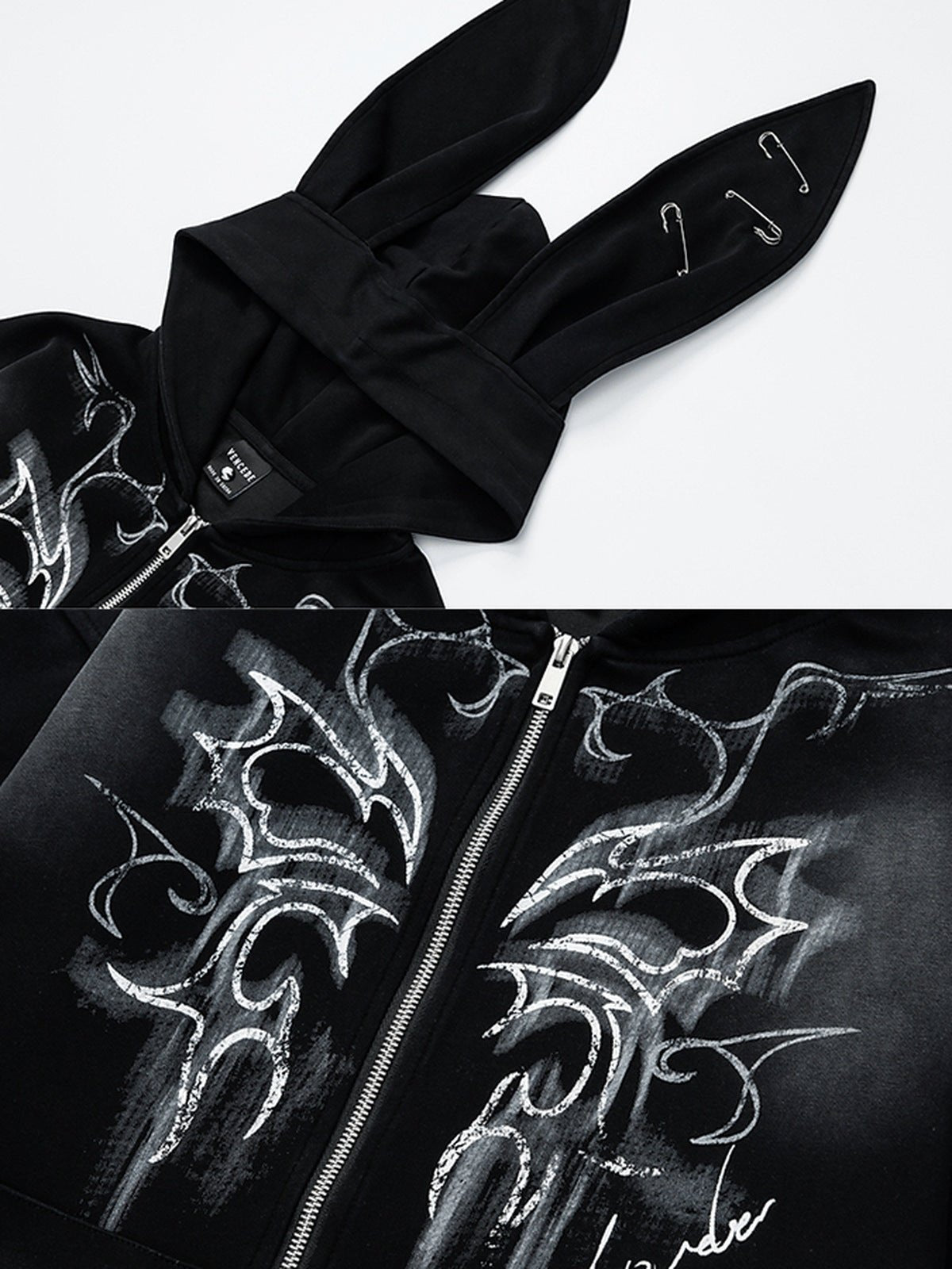 Zip Hoodie mit Hasenohren und Schmetterlingsprint – Kapuzenohren und Schmetterlingsprint im Detail | XoKool