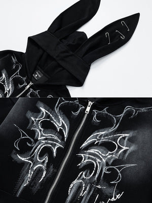 Zip Hoodie mit Hasenohren und Schmetterlingsprint – Kapuzenohren und Schmetterlingsprint im Detail | XoKool