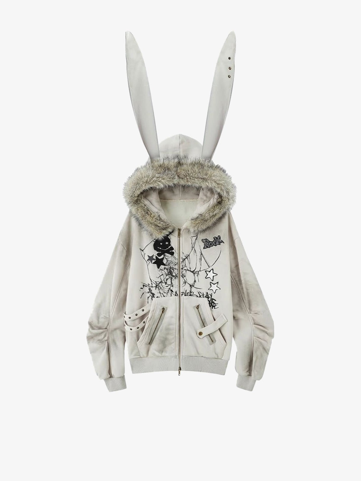 Zip Hoodie mit Hasenohren und Kunstfellbesatz – Hellgrau, Vorderansicht | XoKool