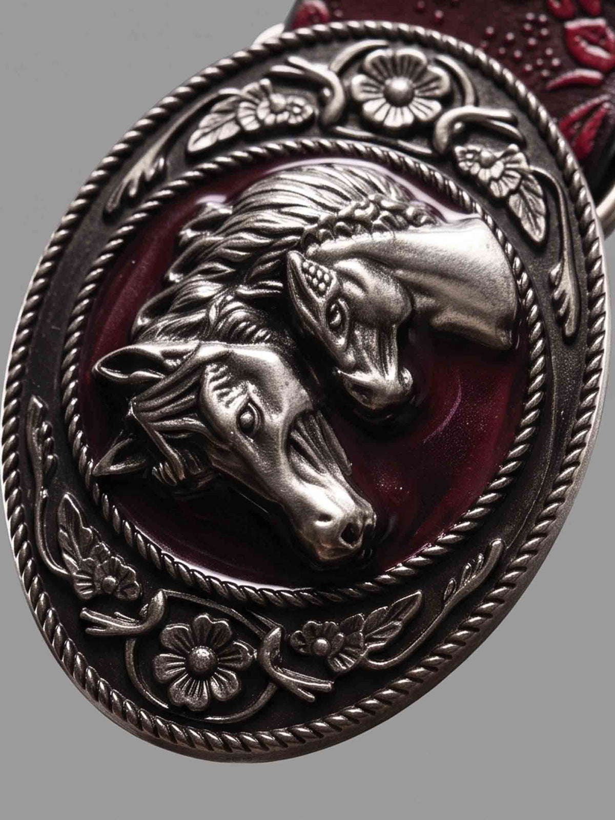 Cinturón western burdeos en relieve con hebilla de caballo – detalle de la hebilla | XoKool