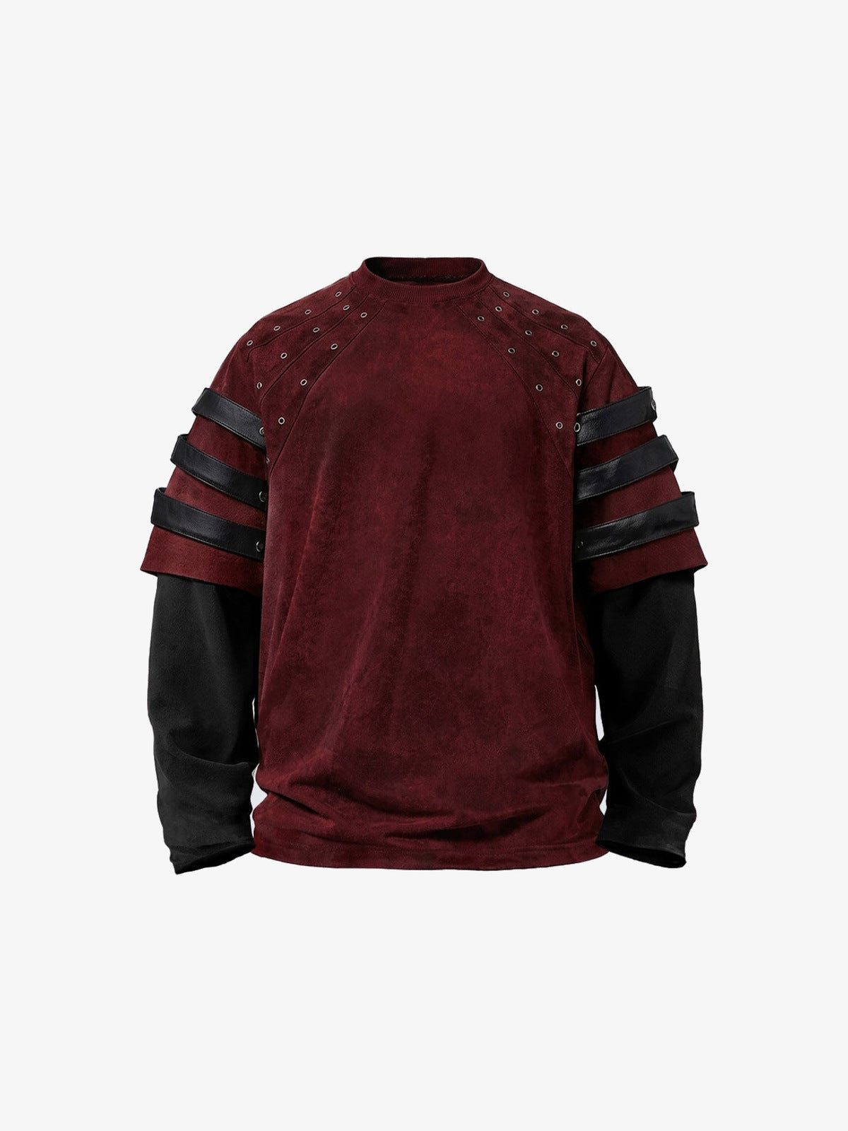 Burgundy Layered Longsleeve mit Kunstleder-Riemen – Burgunderrot, Vorderseite flach | XoKool