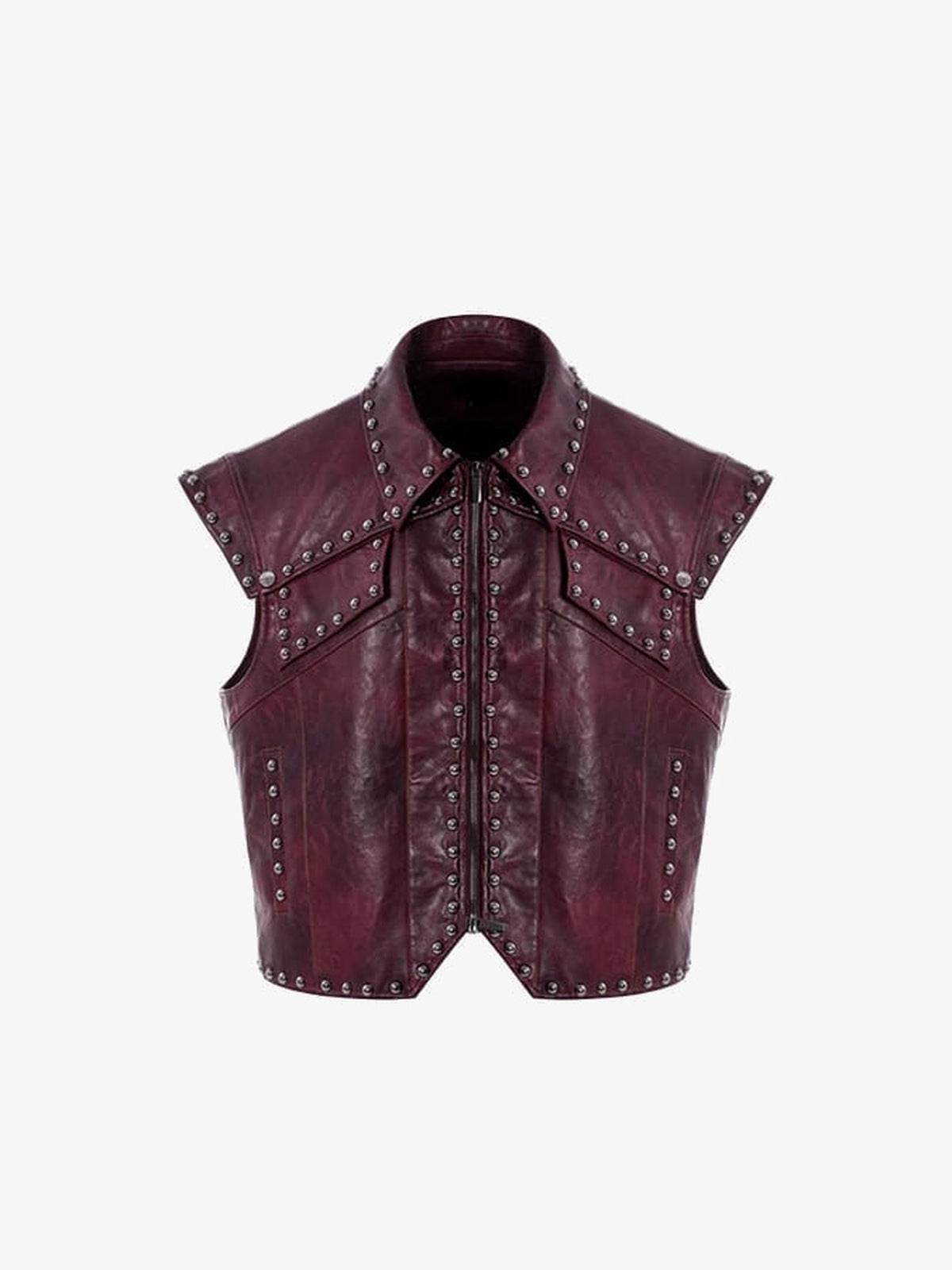 Bordeauxrote Cropped Weste mit Nieten und Kragen – Bordeaux, Vorderansicht | XoKool