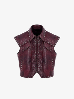 Bordeauxrote Cropped Weste mit Nieten und Kragen – Bordeaux, Vorderansicht | XoKool