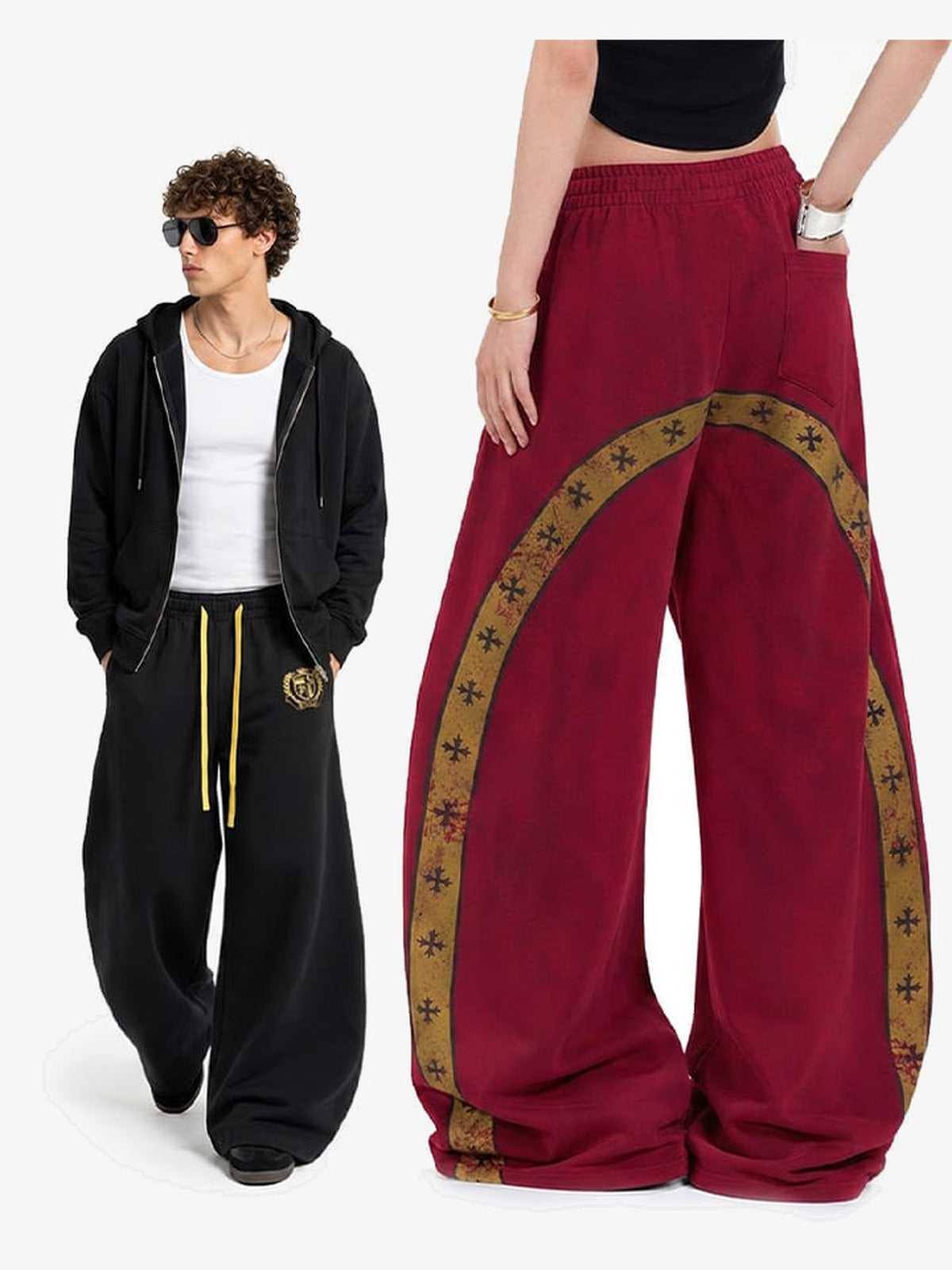 Burgundy Sweatpants with Back Arch Graphic – on models, Black front and Red back | XoKool