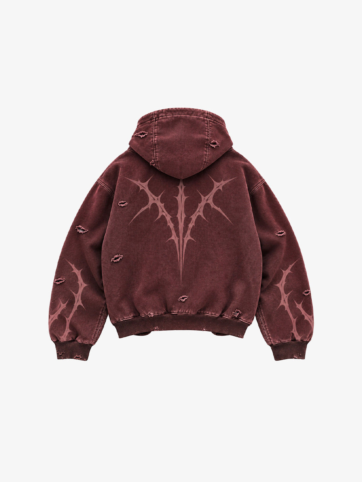 Thorn print zip up hoodie – Burgundy, back flat | XoKool