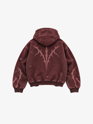 Thorn print zip up hoodie – Burgundy, back flat | XoKool