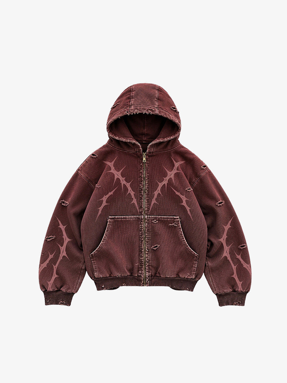 Burgundy Zip Up Hoodie with Thorn Print – Burgundy, front flat | XoKool