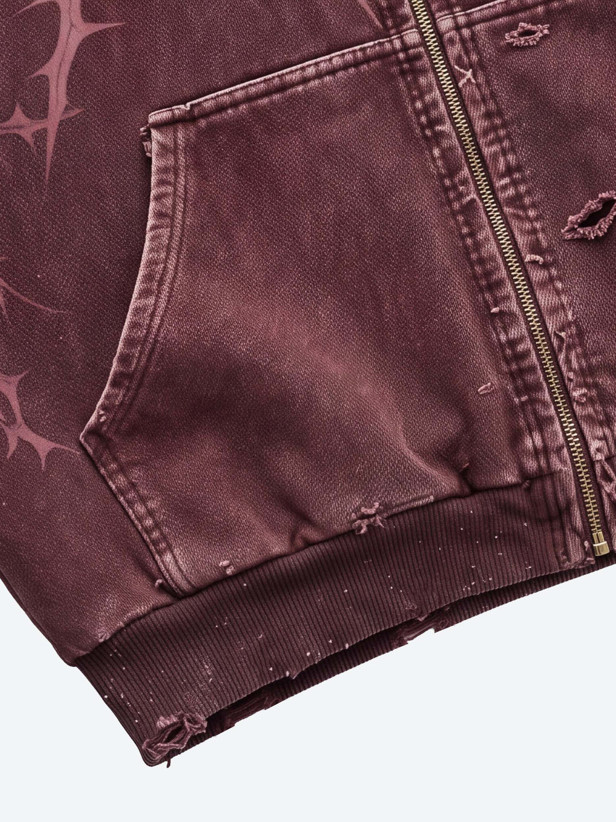 Thorn print zip up hoodie – pocket and hem close-up | XoKool