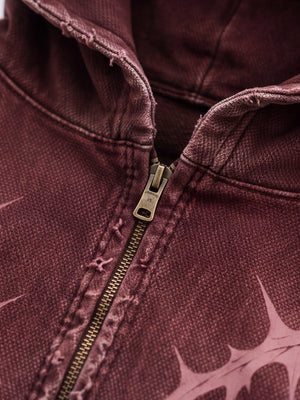 Thorn print zip up hoodie – zipper and collar close-up | XoKool