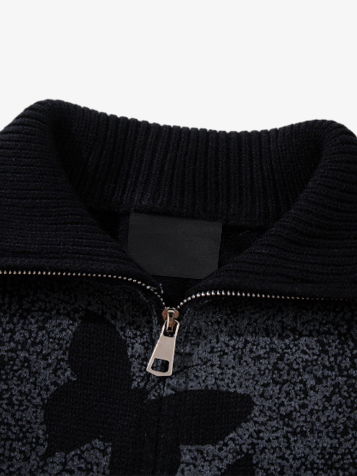 Butterfly Gradient Knit Zip Up Cardigan – Black, open collar close-up | XoKool