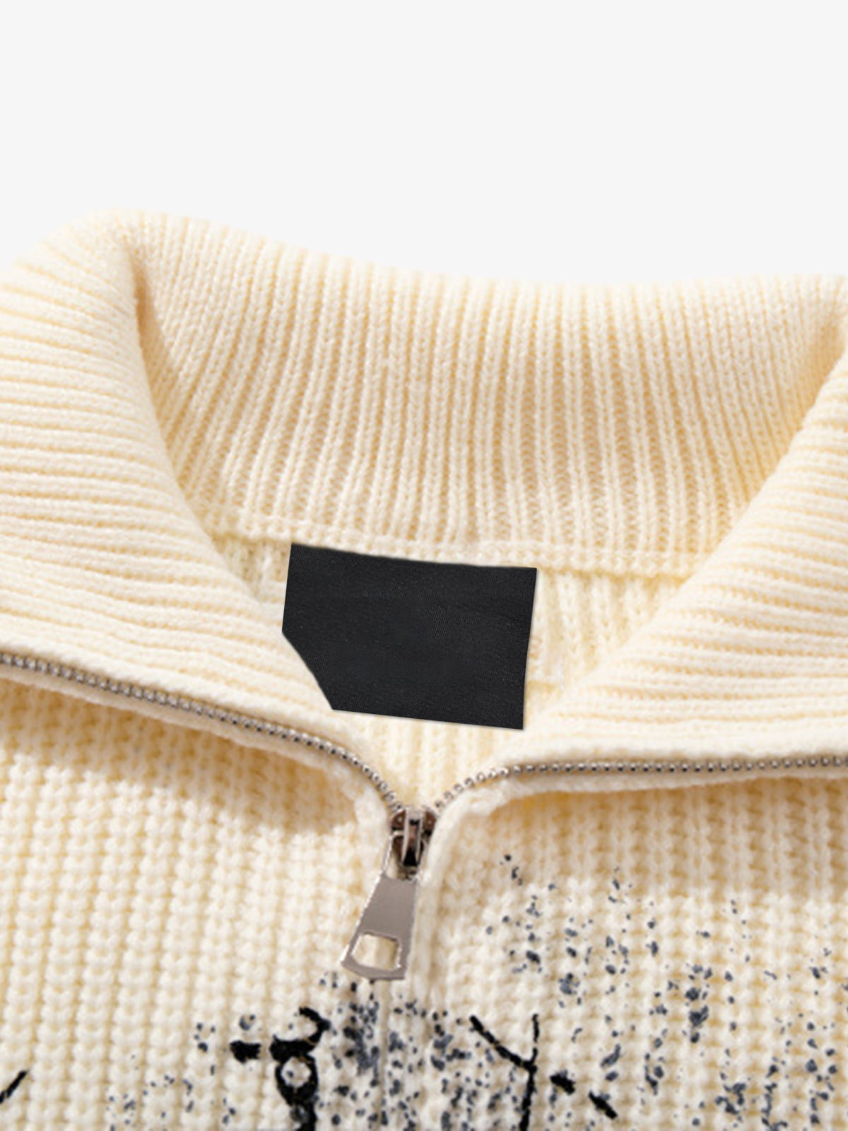 Butterfly Ink Splash Zip Up Knit Sweater – Cream, open collar close-up | XoKool