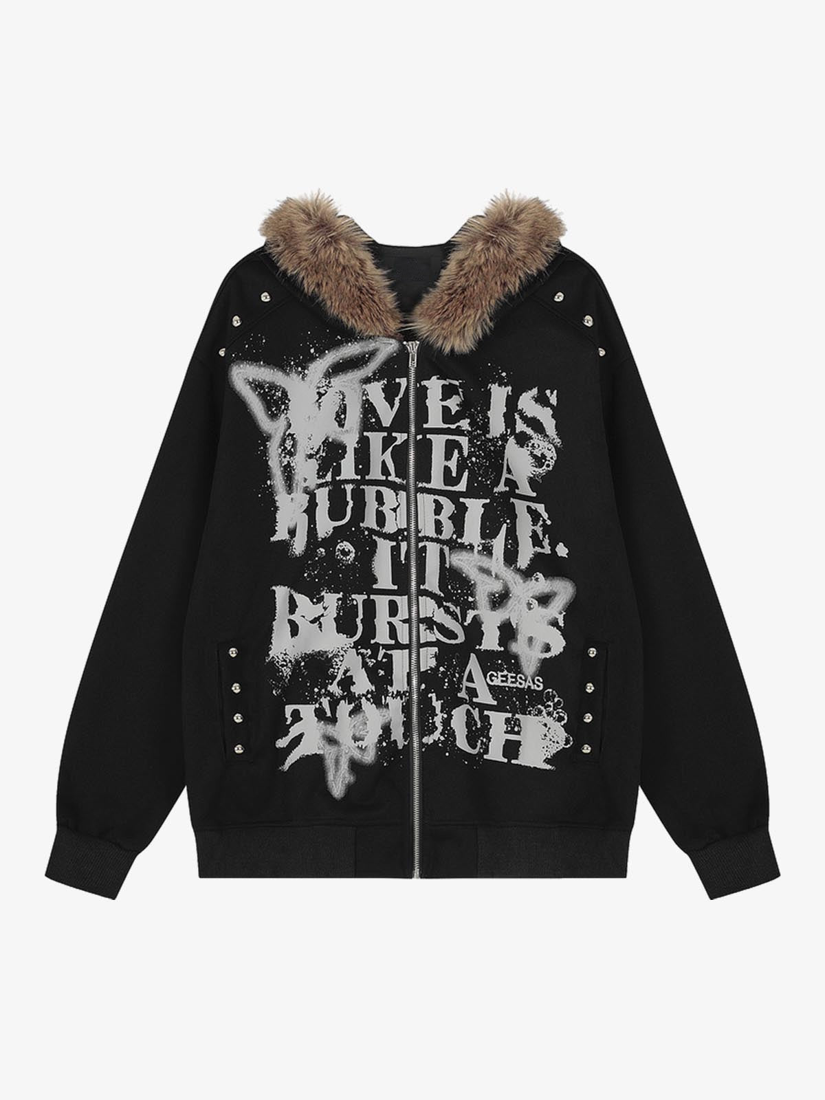 Butterfly Slogan Zip Up Hoodie with Fur Hood – Black, front view | XoKool
