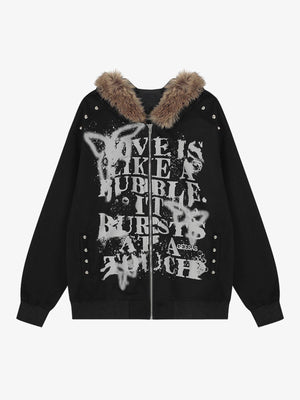 Butterfly Slogan Zip Up Hoodie with Fur Hood – Black, front view | XoKool