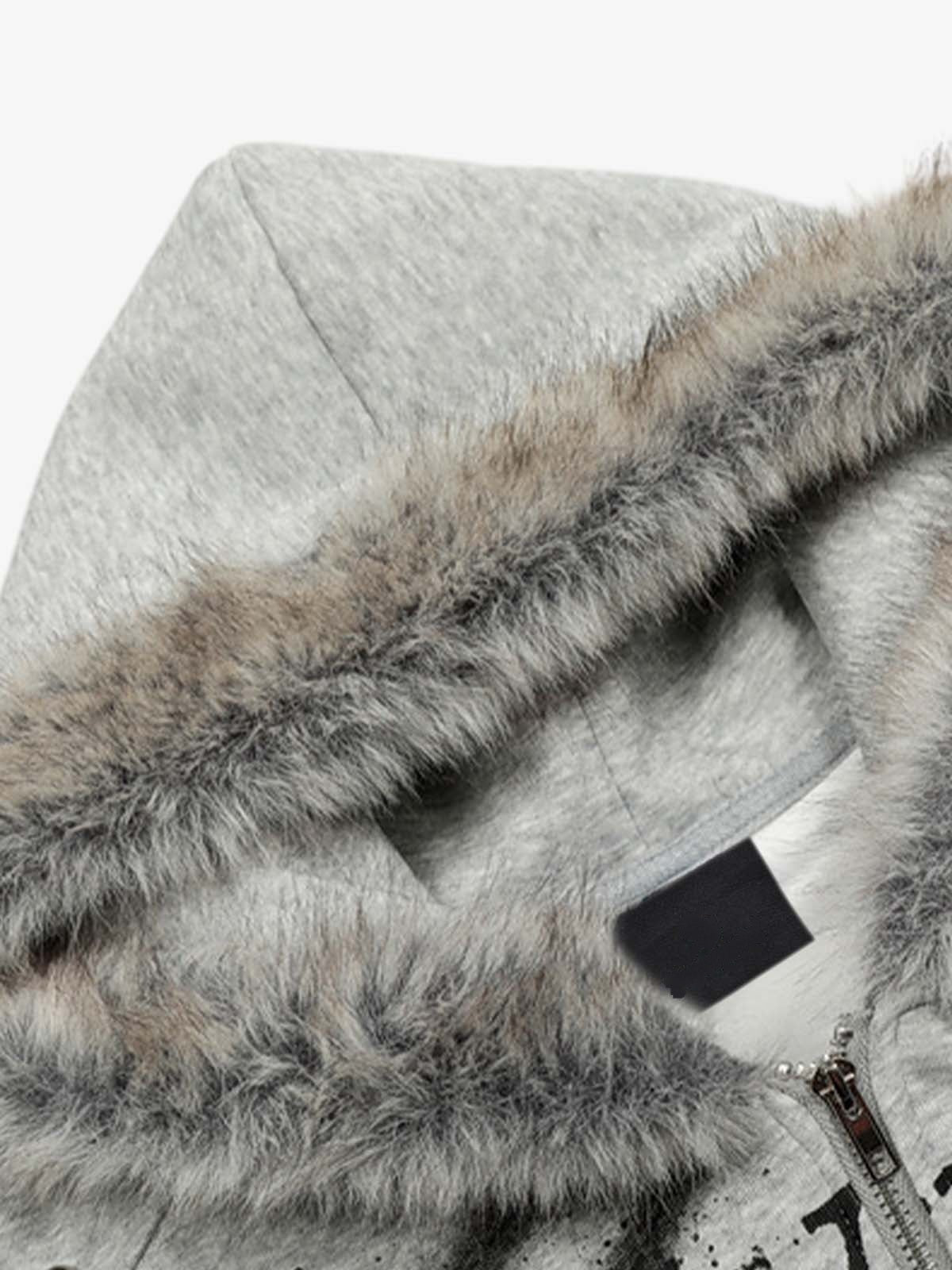 Fur hood zip up hoodie – Heather Grey, fur hood close-up | XoKool