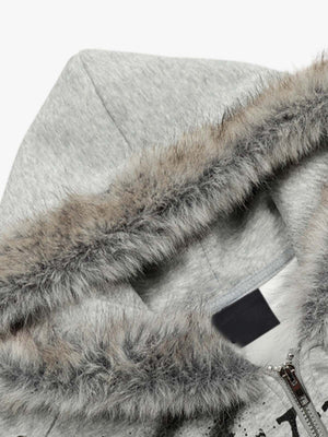 Fur hood zip up hoodie – Heather Grey, fur hood close-up | XoKool