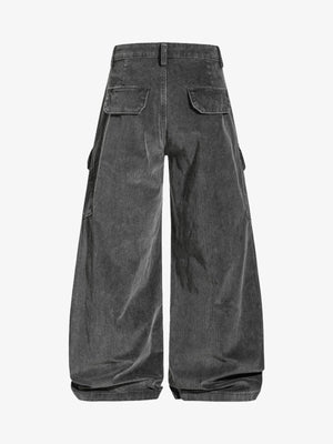 Graue Wide Leg Cargohose aus Cord – Rückansicht flach | XoKool