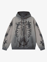 Street Washed Distressed Dark Skeletons Print Hoodie