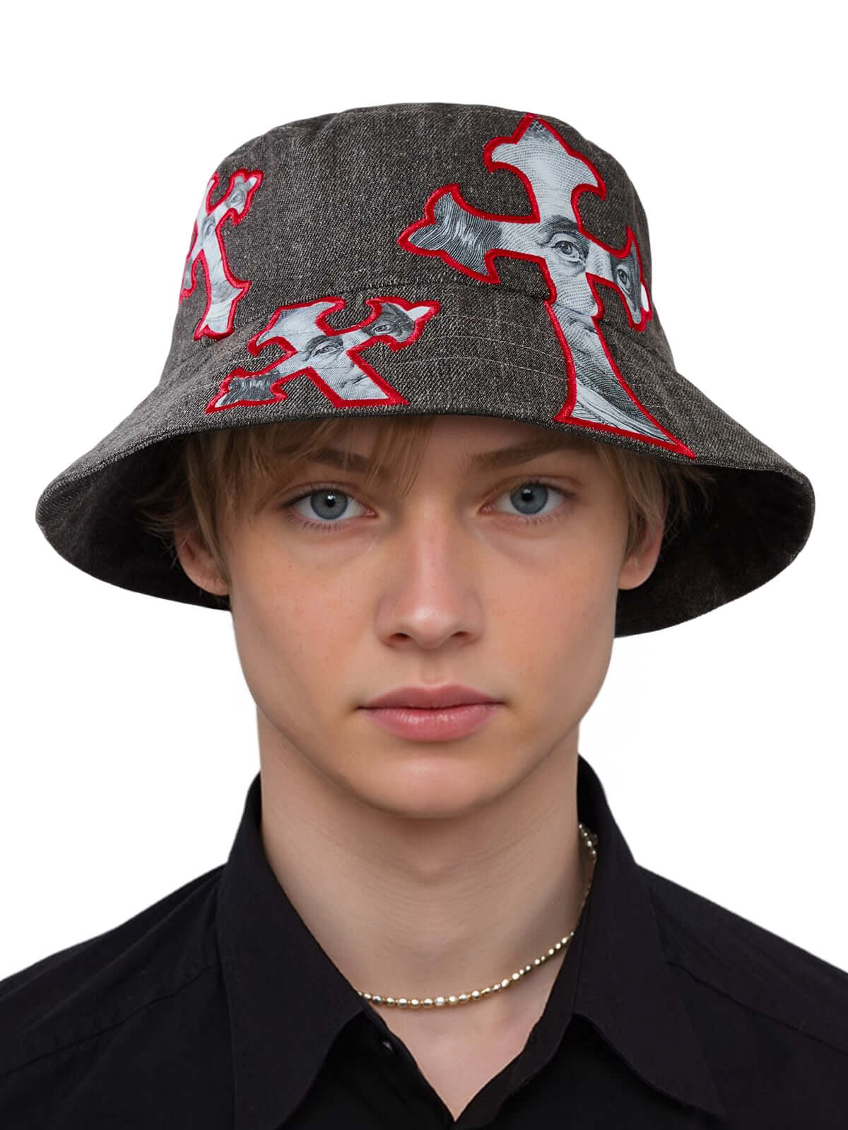Cross And Portrait Denim Bucket Hat Urban Street Style - 19810