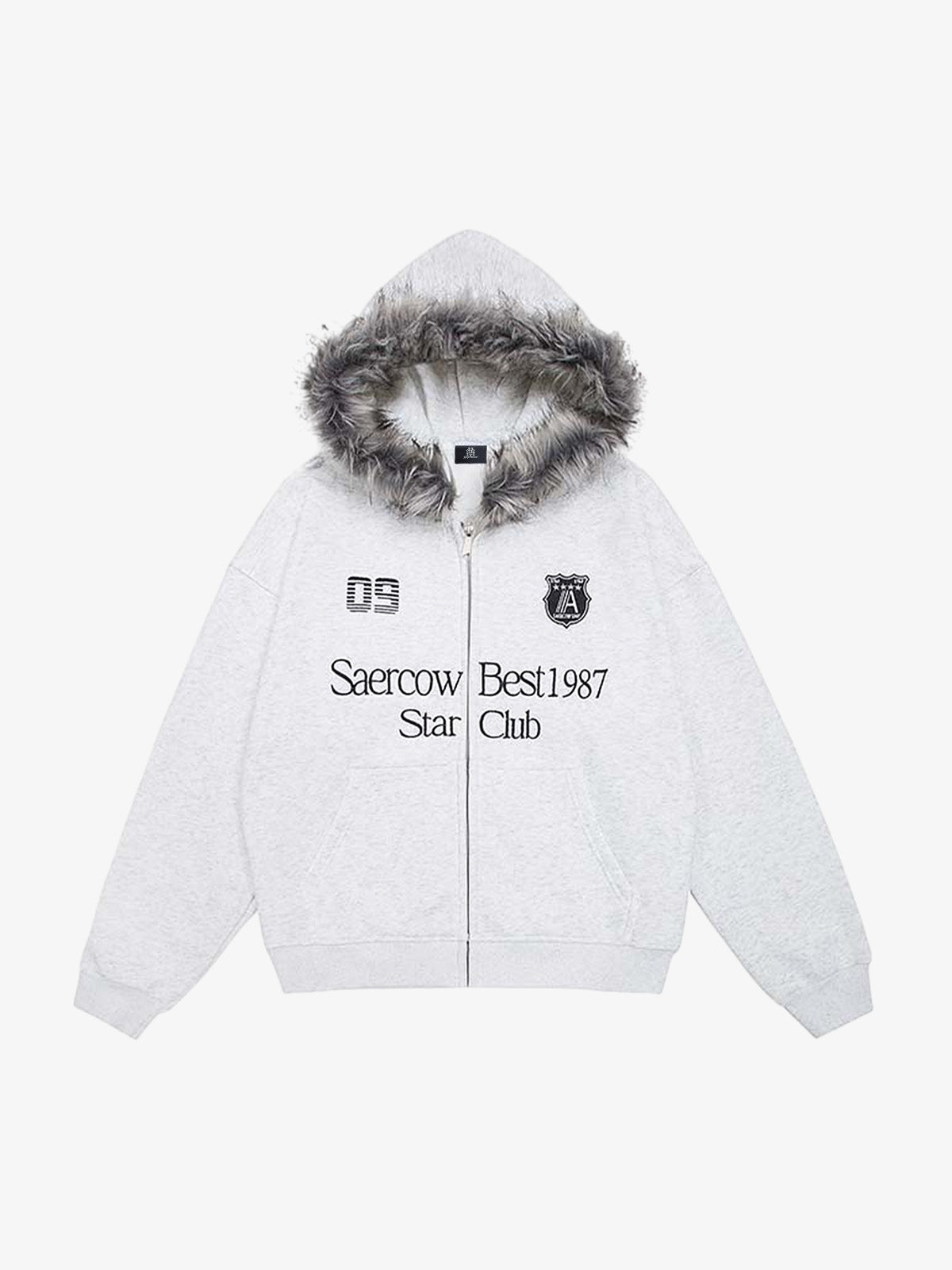 Letter Medal Embroidered Cardigan Fur Collar Hooded Sweatshirt