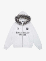 Letter Medal Embroidered Cardigan Fur Collar Hooded Sweatshirt
