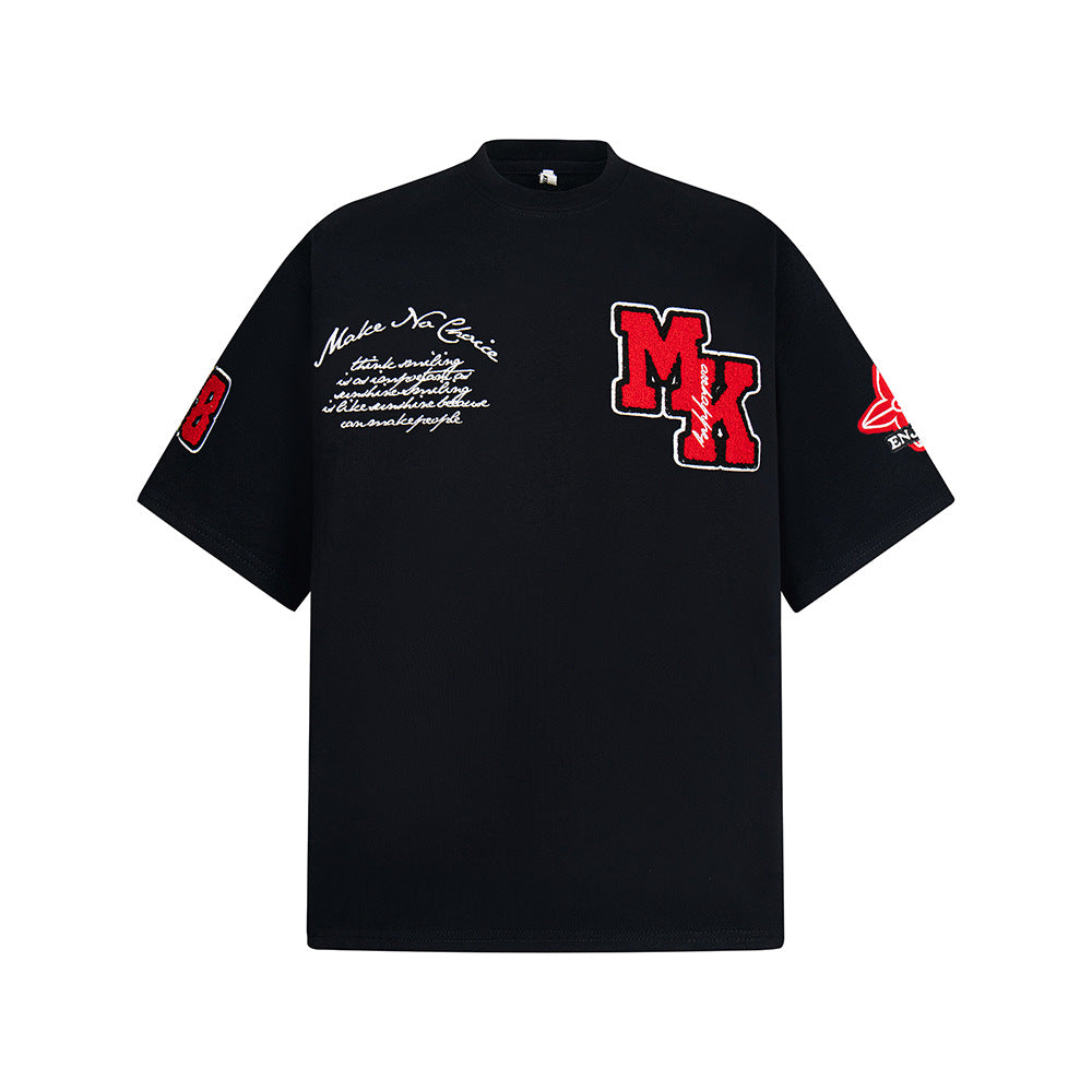 Heavy Embroidery Patch Embroidered T-Shirt - Black
