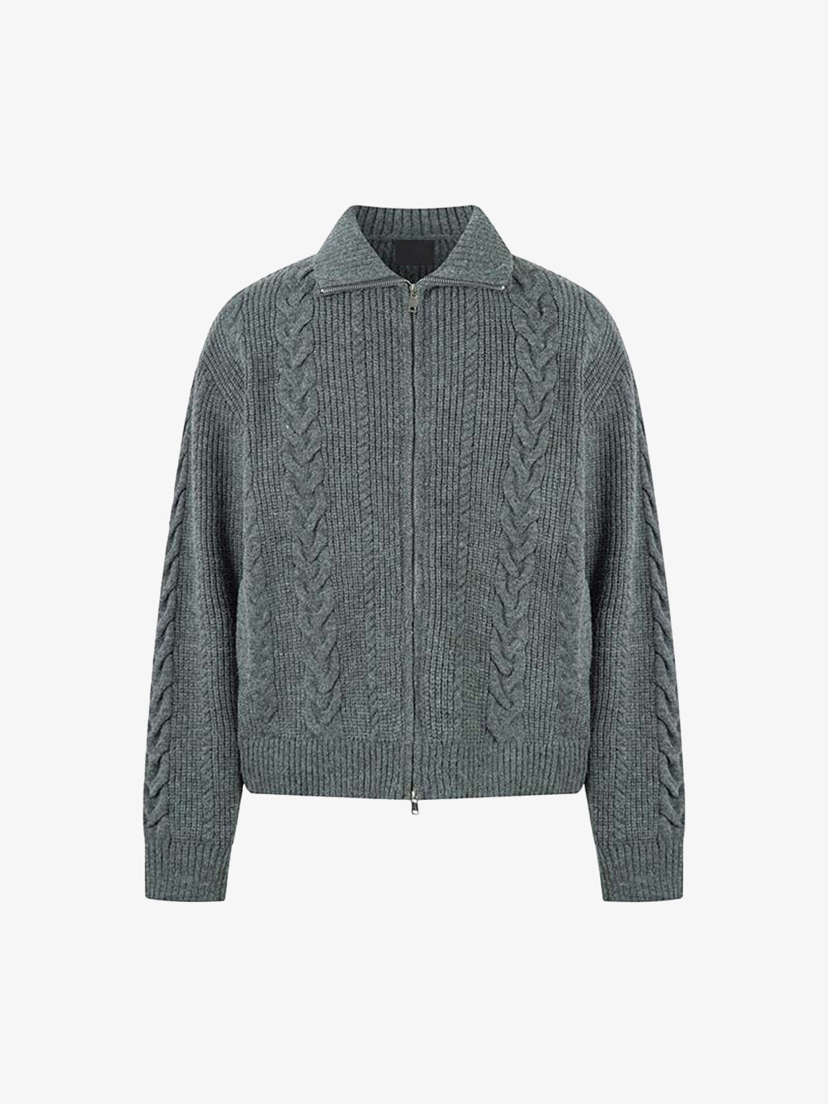 Cable Knit Zip Up Sweater with Collar – Gray, front view | XoKool