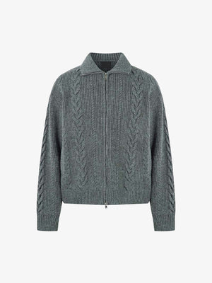 Cable Knit Zip Up Sweater with Collar – Gray, front view | XoKool