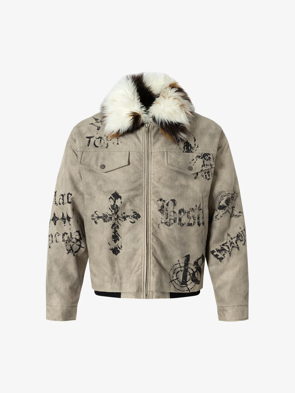 Gothic Letter Print Fur Collar Quilted Cotton Jacket