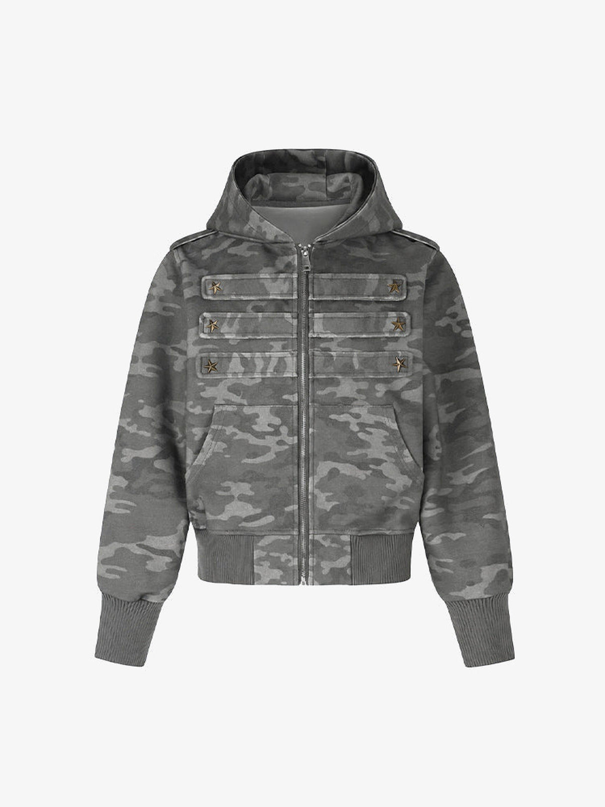 Cropped Camo Zip Hoodie mit Stern-Nieten – Camo, Vorderansicht | XoKool