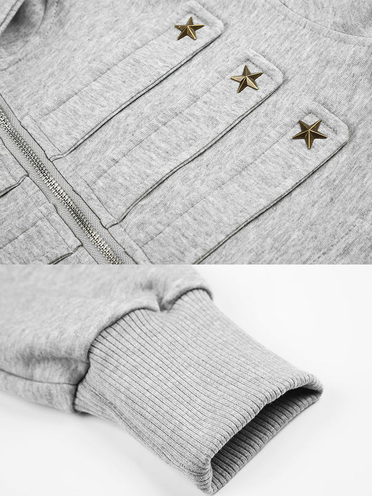 Camo Zip Hoodie – Grau, Stern-Tabs und Bündchen im Detail | XoKool