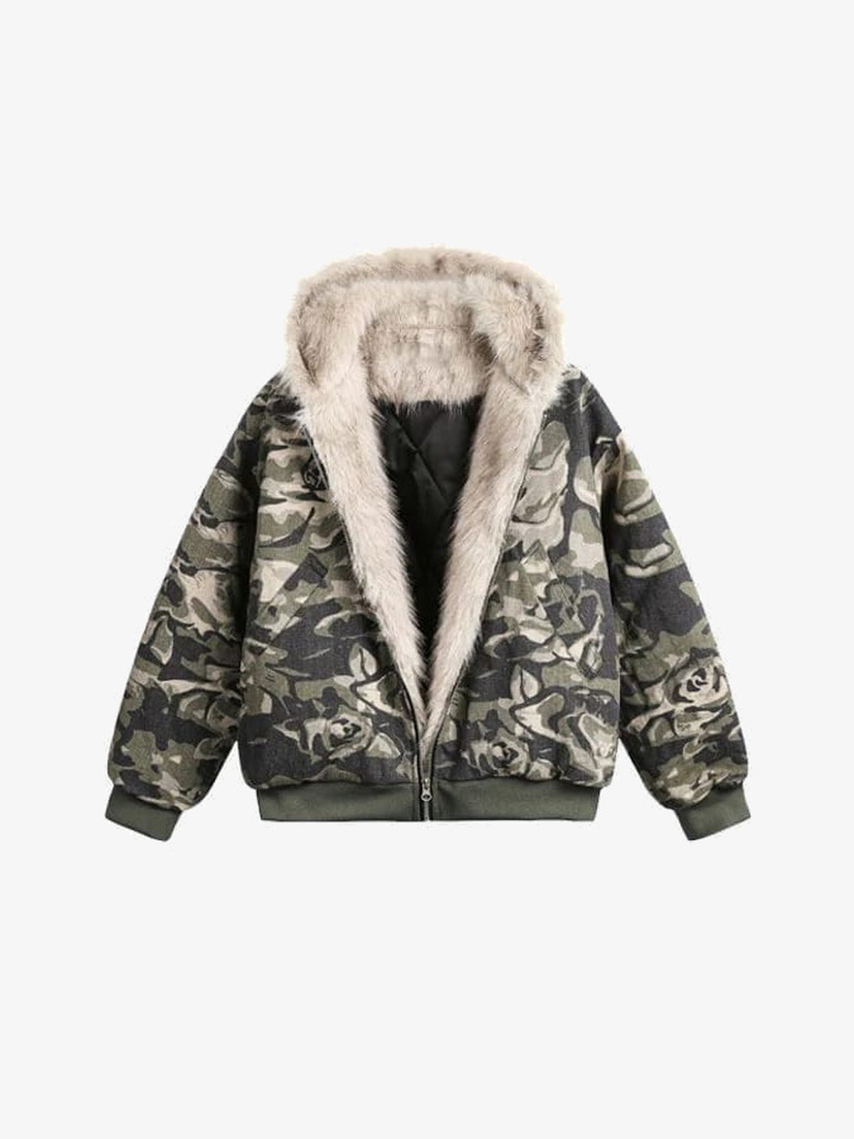 Camo Fur Hood Jacket and Black Baggy Jeans Set – Camo jacket, open front flat | XoKool