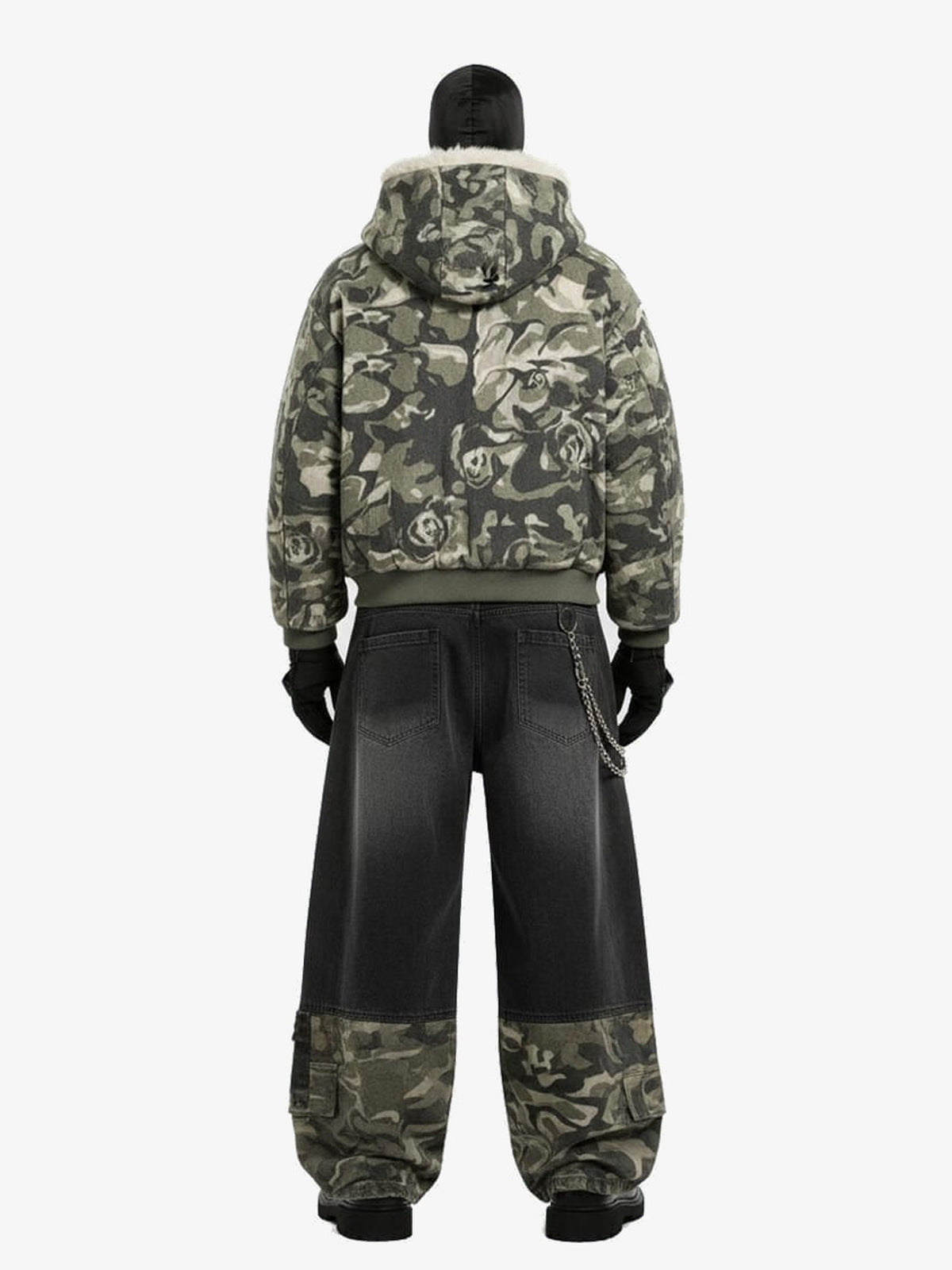 Camo Fur Hood Jacket and Black Baggy Jeans Set – full set on mannequin, back | XoKool