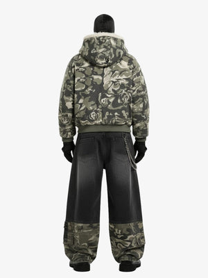 Camo Fur Hood Jacket and Black Baggy Jeans Set – full set on mannequin, back | XoKool