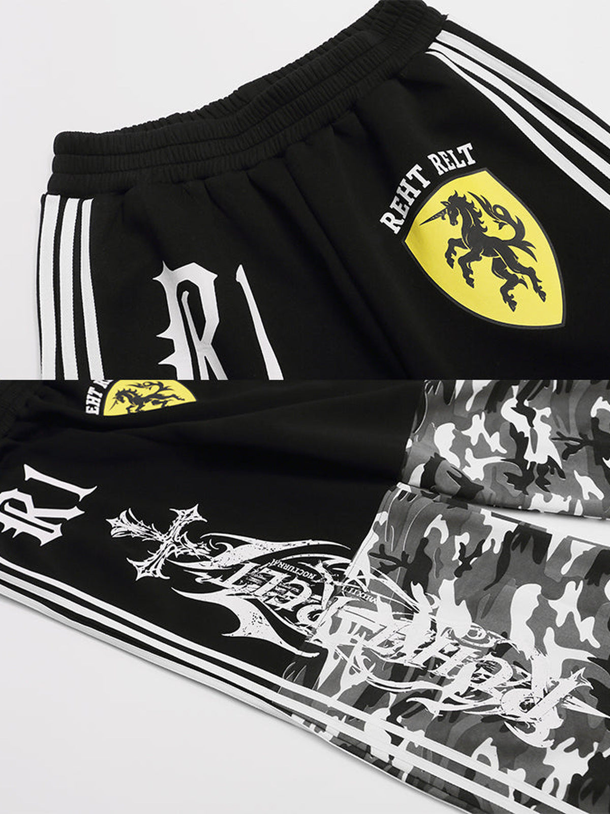 Camo Jogginghose – Schwarz, Nahaufnahme Badge und Print | XoKool