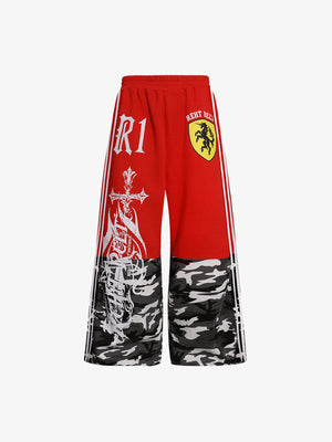 Camo Patchwork Wide Leg Jogginghose – Rot, Vorderansicht | XoKool