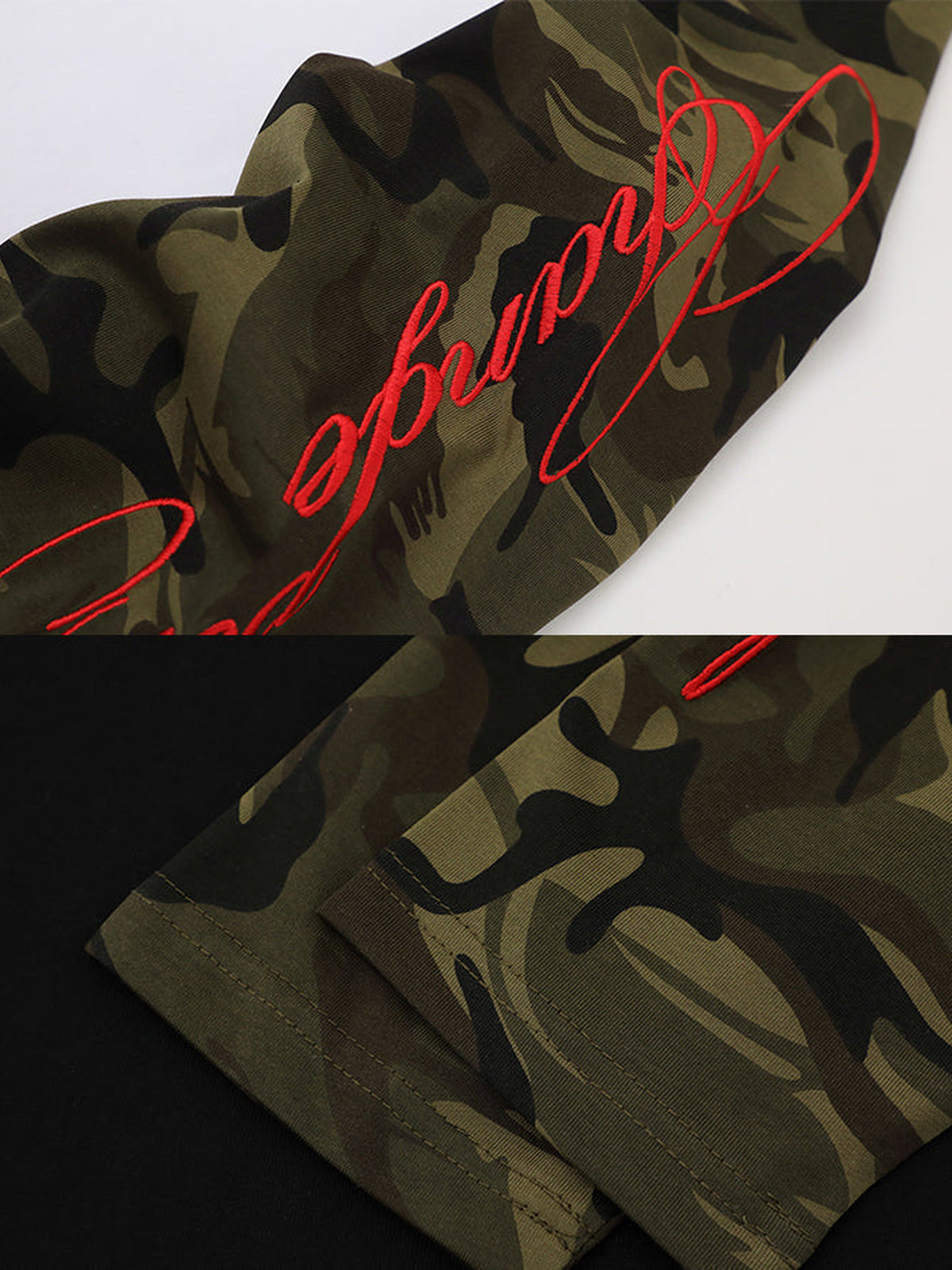 Camo Raglan Longsleeve – Nahaufnahme Ärmelschriftzug und Camo-Muster | XoKool