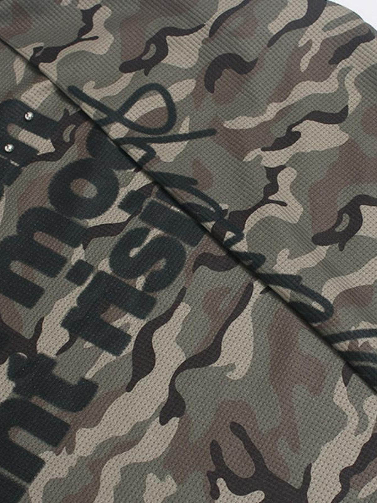 Camo Waffle Knit Long Sleeve Tee with Studs – lettering & script close-up | XoKool