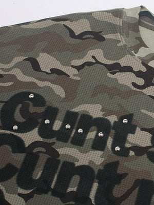 Camo Waffle Knit Long Sleeve Tee with Studs – studded lettering close-up | XoKool