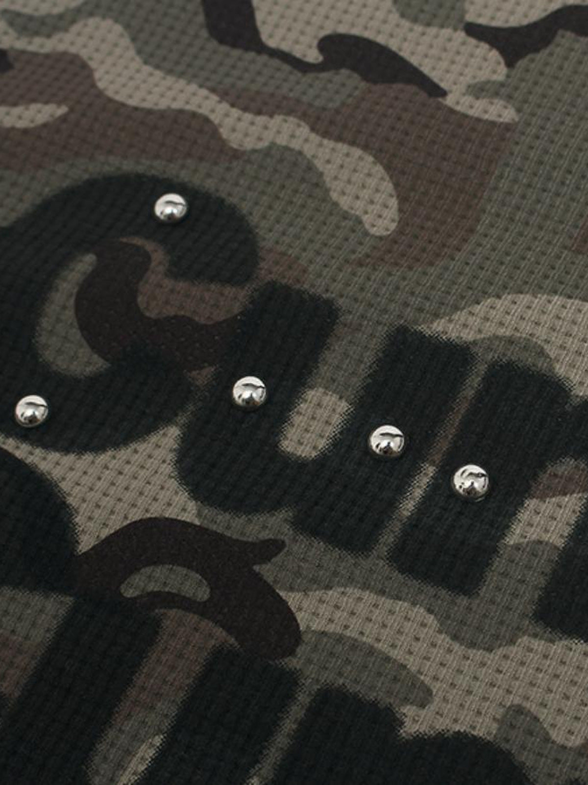 Camo waffle knit tee – studs close-up | XoKool