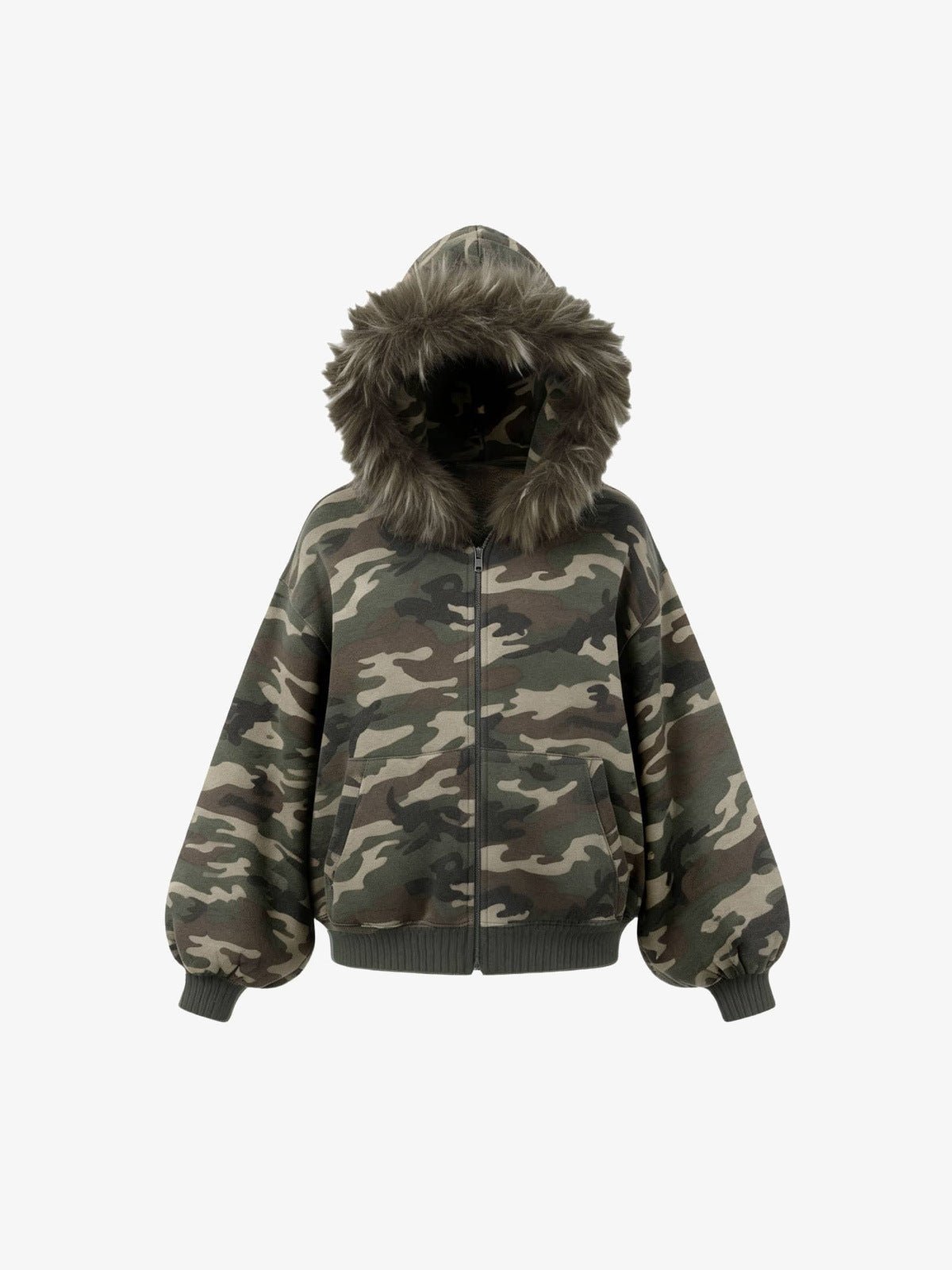 Camo Zip Hoodie mit Kunstfell-Kapuze – Camo, Vorderansicht | XoKool