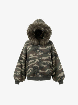 Hoodie de camuflaje con cierre y capucha de piel sintética – camuflaje, vista frontal | XoKool