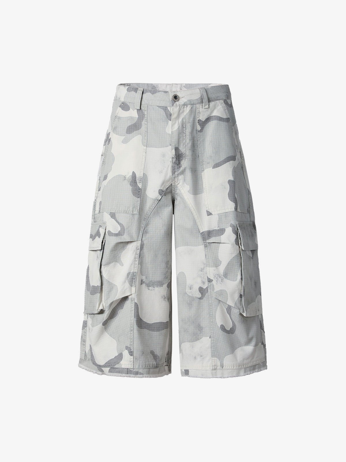 Grey Camo Ripstop Cargo Shorts – Grey camo, front flat view | XoKool