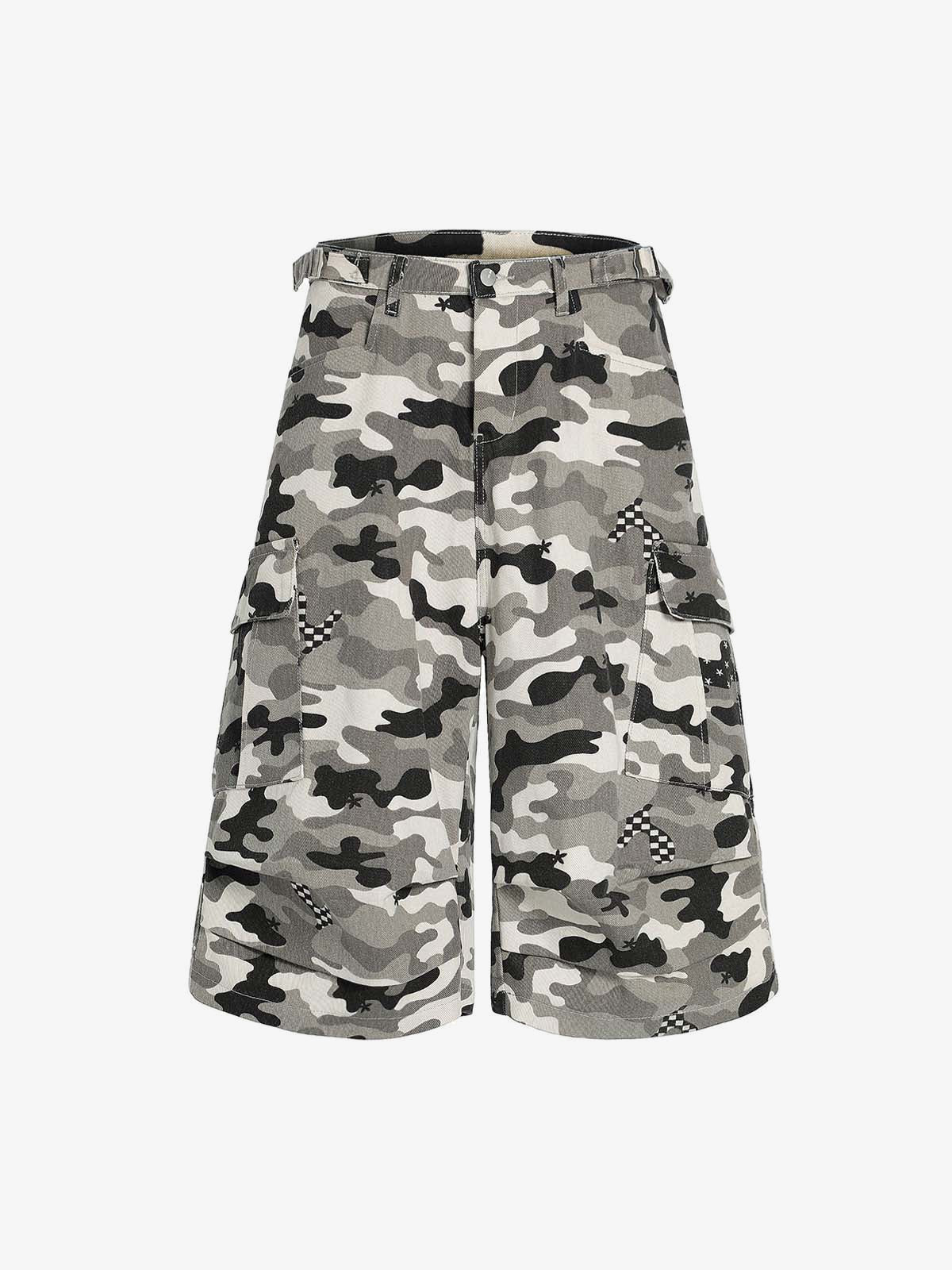 Grey Camo Cargo Shorts with Checkered Patches – Grey Camo, front view | XoKool