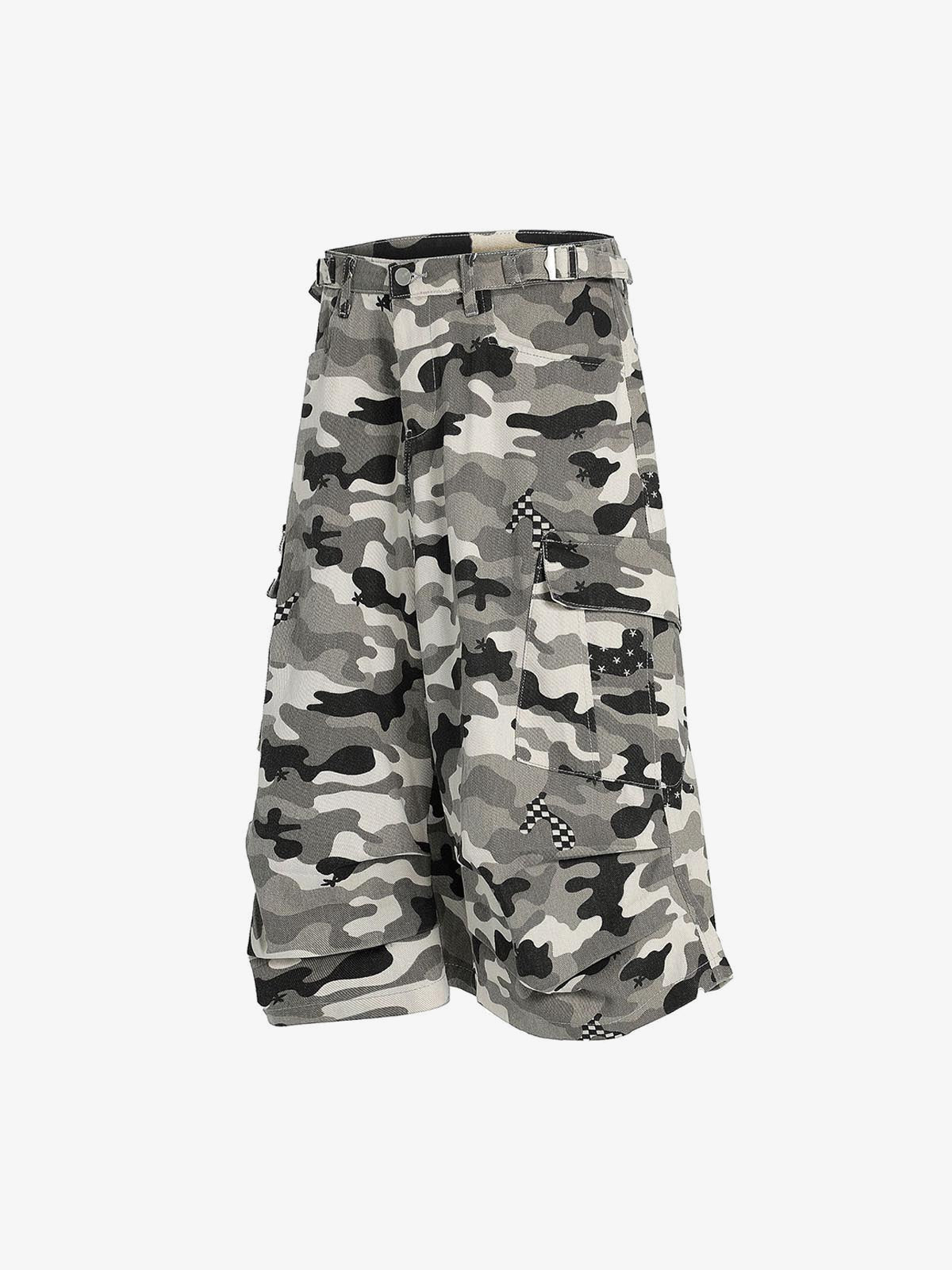 Grey Camo Cargo Shorts with Checkered Patches – side view | XoKool