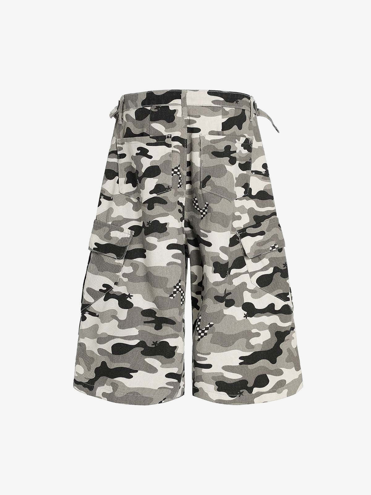 Grey Camo Cargo Shorts with Checkered Patches – back view | XoKool