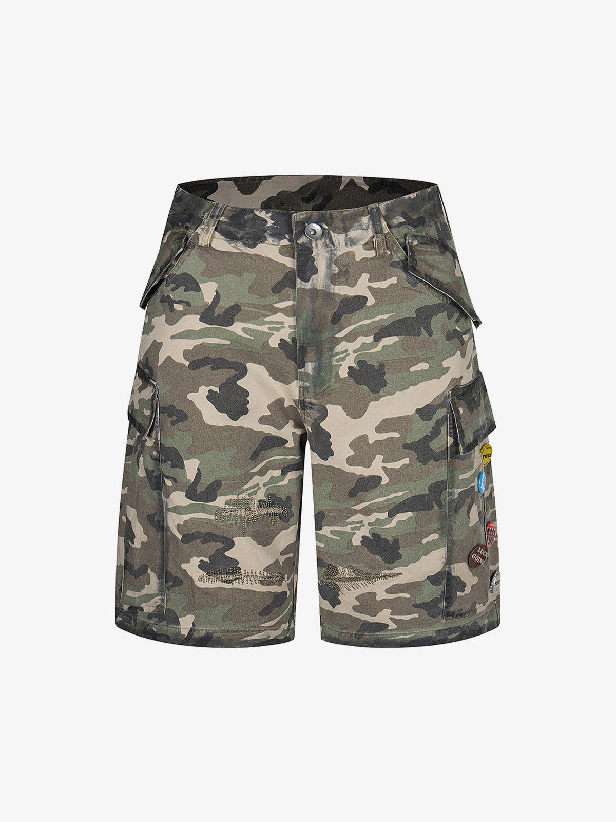 Woodland Camo Cargo Shorts with Pin Badges – Camo, front view | XoKool